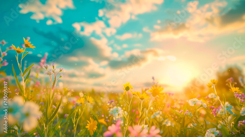 Beautiful flower meadow at sunset in a scenic rural landscape.