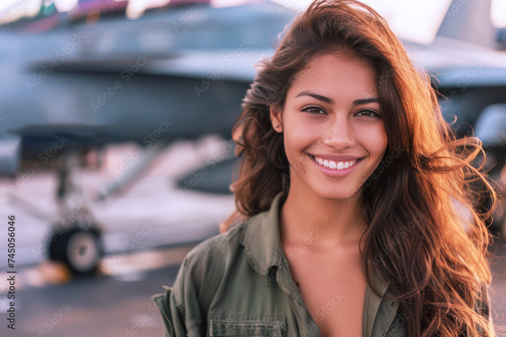 Hispanic woman wearing air force uniform in the combat aircraft carrier Hispanic woman wearing air force uniform in the combat aircraft carrier
