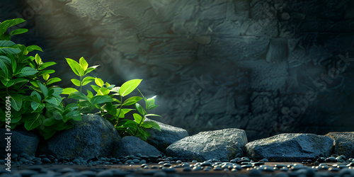 A close up of rocks and plants in a stream with the sun shining on them with drak wall on background AI Generative photo