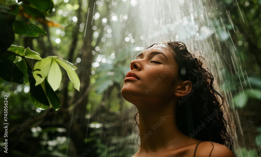 Serene Young Woman Enjoying a Refreshing Waterfall Shower in a Lush Tropical Forest Serene Young Woman Enjoying a Refreshing Waterfall Shower in a Lush Tropical Forest