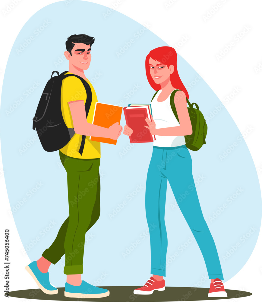 Young students girl and guy with books and backpacks go to class. Stock vector illustration.
