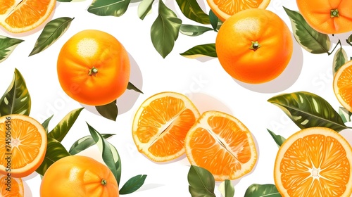 Fresh Orange Grouping: Illustration with Leafy Accents on White