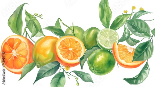 Colorful Citrus Arrangement: Oranges, Limes, and Leaves on White