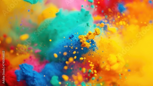 Explosion of colored powders in vibrant hues of blue, yellow, and red, fill all background. Abstract and artistic concept for design and background. Holi celebration colorful powder.