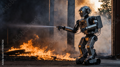 Robot firefighter spraying water on a fire in an urban setting at sunset.
