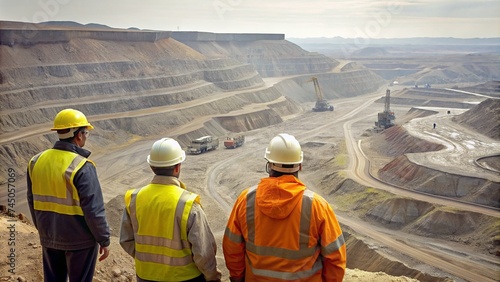 Construction workers wearing safety gear overlooking mine site