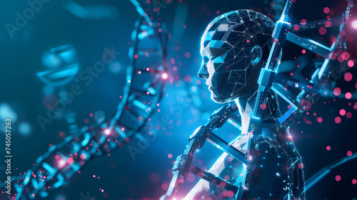 Artificial intelligence AI in Healthcare. DNA double helix intertwined with digital AI elements, highlighting the role of AI in genetic research and personalized medicine. 