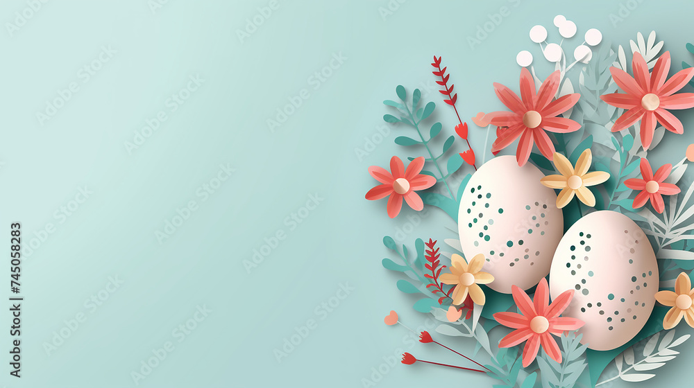 easter eggs and paper cut flowers on geometric background