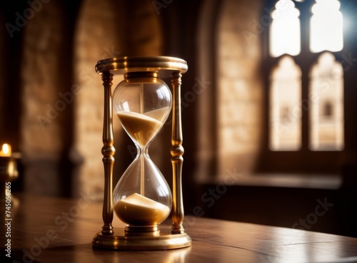 vintage hourglass closeup on the table in medieval monastery. Time stays still. Long wait concept. 