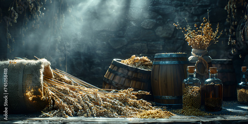 Old barrel on a dark room with glass bottles and weat on a surface with dark background and sun waves on it Ai Generative photo