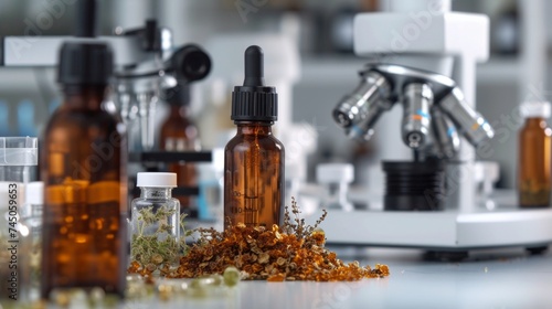 Amber dropper bottle with essential oil surrounded by dried herbs and scientific laboratory equipment, highlighting research in natural medicine.