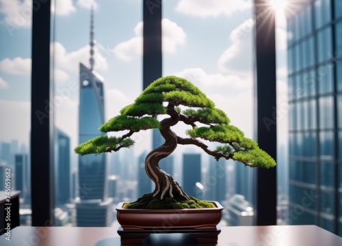 bonsai tree in from of a window at corporate company office with skyscrapers view. prospering and financial success. Business, marketing and growth.