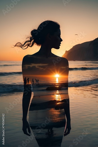 Beautiful Double Exposure: Beautiful Figure Woman's Solitude with Sunset at the Beach, Symbolizing Freedom photo