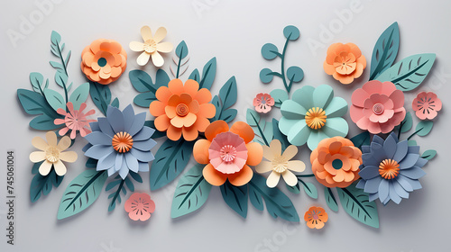 top view of colorful paper flowers and green leaves
