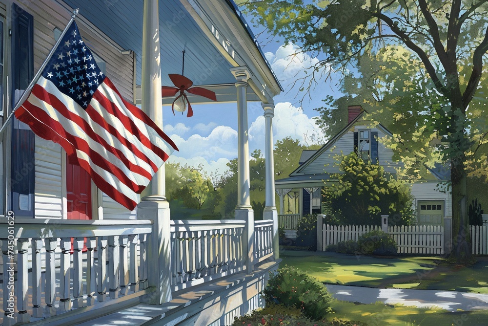 Fototapeta premium July 4th Celebration A Colorful American Flag Flies in the Breeze Generative AI