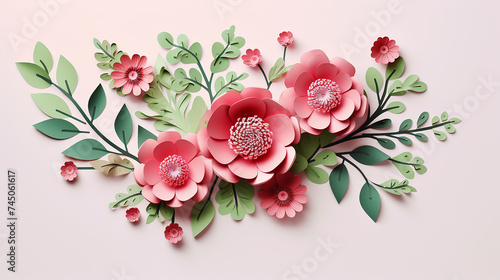 pink background with top view of pink paper flower and green plants
