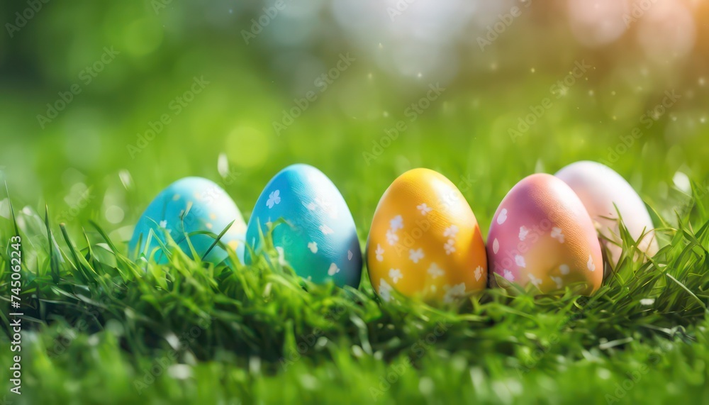 Colorful easter eggs nestled in spring grass