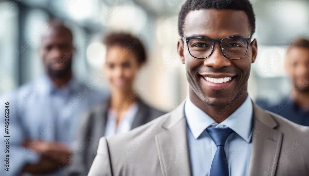 Confident businessman with team in background Confident businessman with team in background