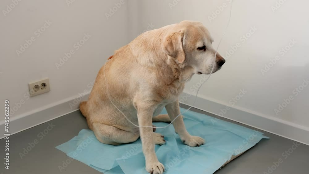 Vidéo Stock Old sad yellow labrador retriever sitting and getting