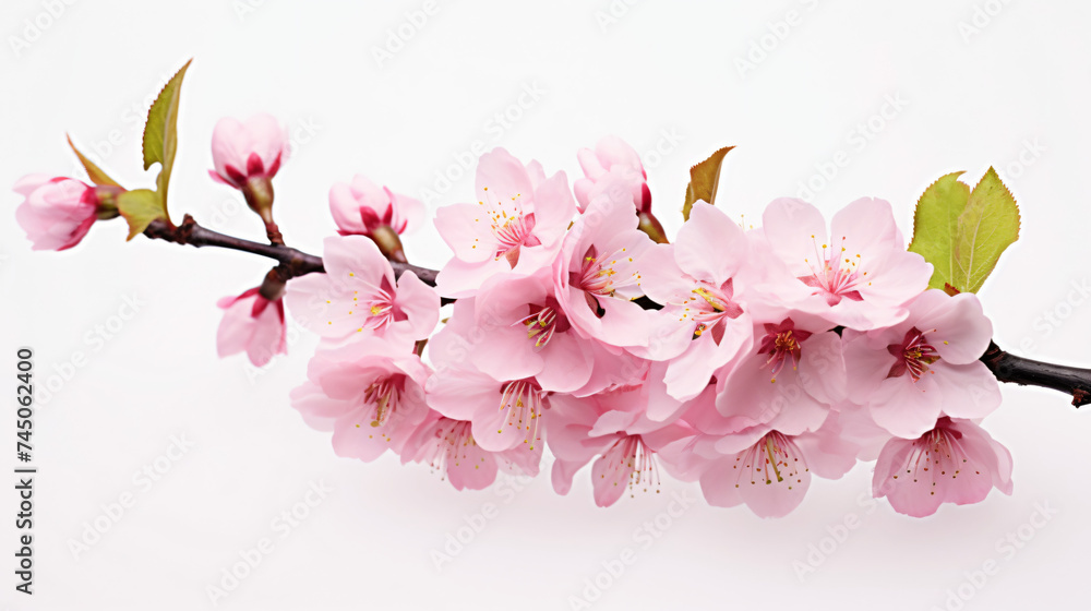 Macro Shot of Pink Cherry Blossom Against White Background