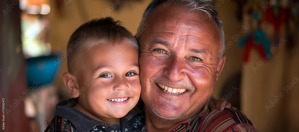 A happy smiling father or grandfather hugs a cute little son or grandson. Close up family photograph. A happy smiling father or grandfather hugs a cute little son or grandson. Close up family photograph.