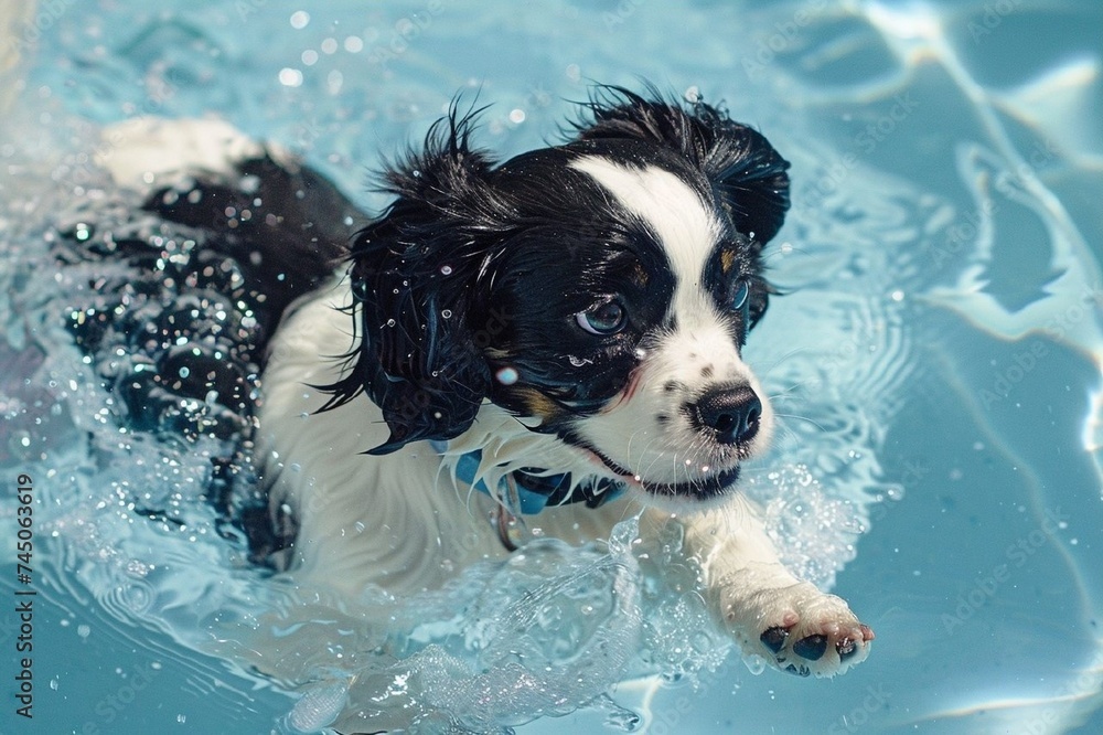 Underwater funny photo of cavalier king charles spaniel puppy in the pool playing with fun-jumping, diving deep down. Underwater funny photo of cavalier king charles spaniel puppy in the pool playing with fun-jumping, diving deep down.