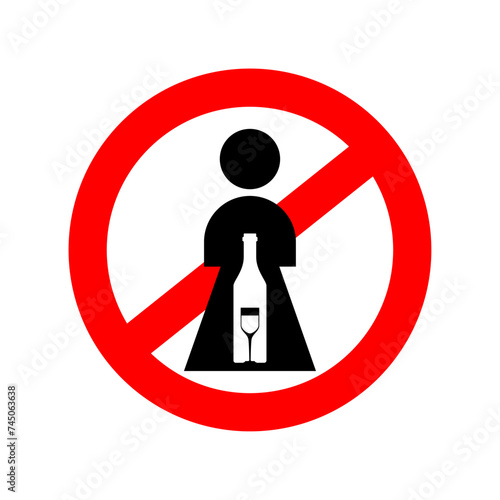 Stop Female alcoholisml. Red prohibition road sign. No Girl and alcohol bottle