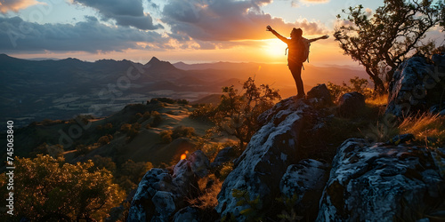 Happy and Successful Woman Celebrating in the Hills with Outstretched Arms. Woman Raising Hands in Mountains