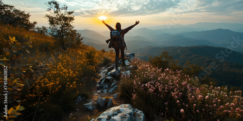 Happy and Successful Woman Celebrating in the Hills with Outstretched Arms. Woman Raising Hands in Mountains © Resdika