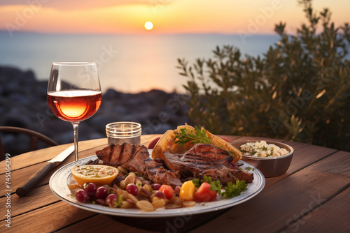 Romantic dinner on beach. Glasses of wine and sea wiew. Vacation, travel, restaurant. Happy valentine's day background..