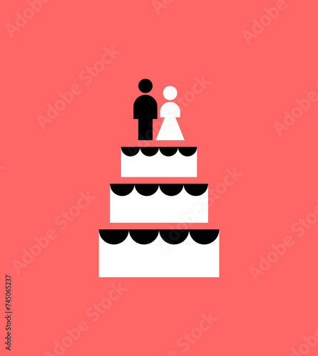 Large wedding cake and newlyweds figurines sign. Refreshment for wedding icon