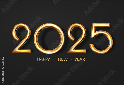2025 Happy New Year gold metal 3D text. Holiday celebration banner.