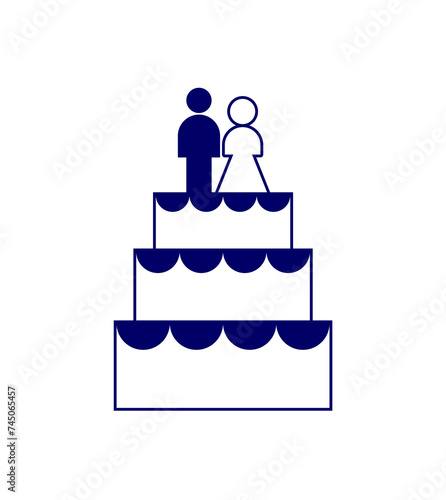 Large wedding cake and newlyweds figurines sign. Refreshment for wedding icon