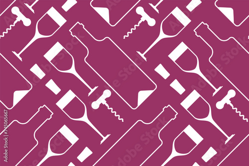 Wine Pattern seamless. Bottle of liquor and glass of wine and corkscrew Background. Ornament for Liquor store