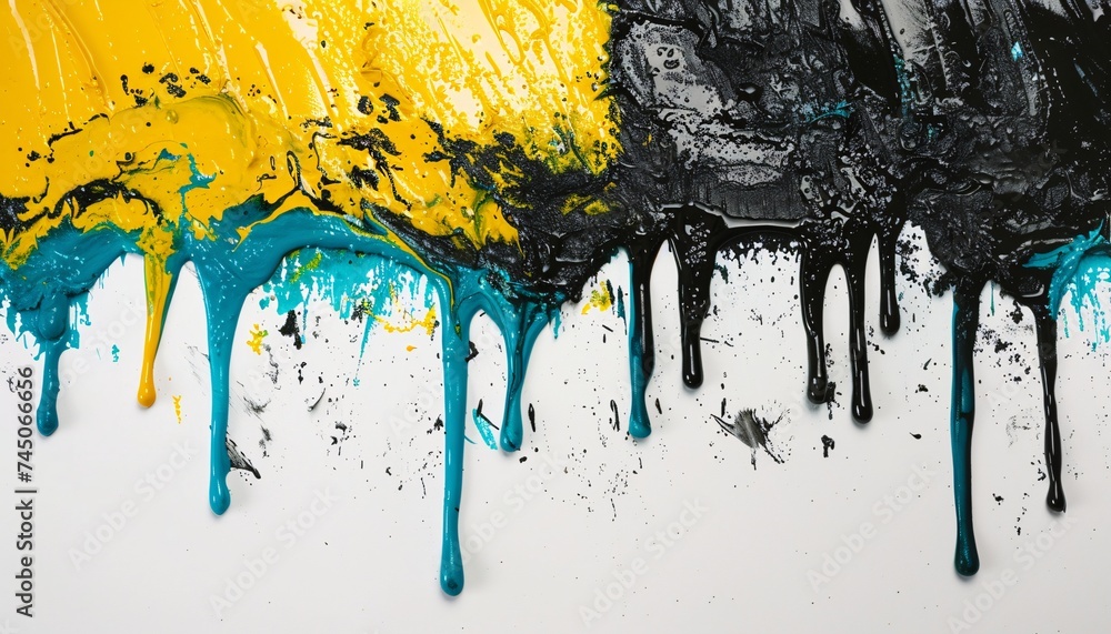 Yellow and Blue Paint Splatters on a White Surface Generative AI Yellow and Blue Paint Splatters on a White Surface Generative AI