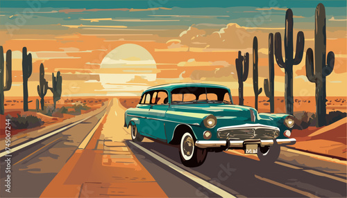 Sunset on the tropical and road with car