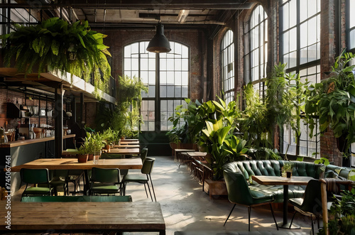 Sunlit industrial loft cafe with lush green plants. Biophilic room design. © Anna