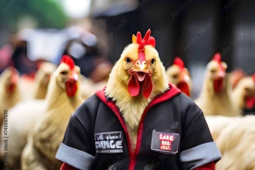 Chicken Protests for Ethical Treatment, Chicken Protesters Rise Against Injustice, Chicken Advocates Rally Against 'Eat Cows' Slogan, Chicken Protesters Squawk for Rights, Chickens Take a Stand Agains
