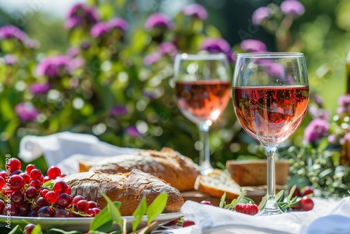 Aesthetic picnic outdoors with wine glasses  bread and berries.