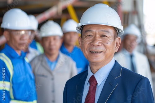 Asian Workers Smiling for the Camera in Hard Hats Generative AI