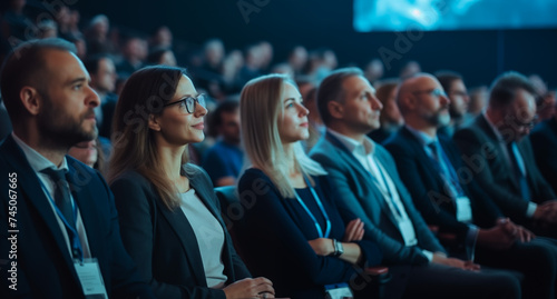 A group of professionals sitting in a row at a conference or seminar. They are dressed in business attire, focusing attentively on something off-camera.