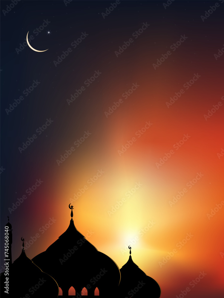 Islamic Background,Dome Mosques,Crescent Moon,Starry on Dark Blue Sky Background,Vetor symbol islamic religion with twilight sky,Banner Eid al Adha,Eid al fitr,Mubarak,New year Muharram,Ramadan Kareem