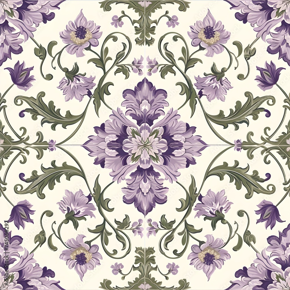 Fototapeta premium Vintage Splendor: Victorian Era Tile Pattern Adorned with Delicate Floral Patterns, Background, Hand Edited Generative AI