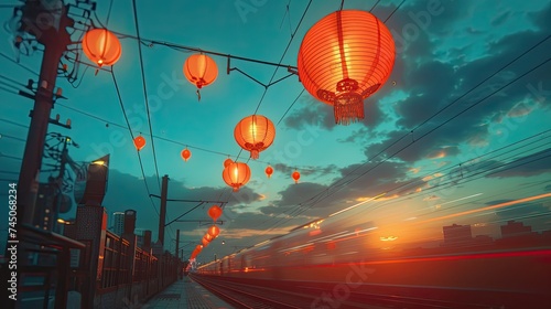 City wide angle, blue sky, no clouds, subway passing, happy, a few lanterns hanging in the sky, bright colors, warm tones