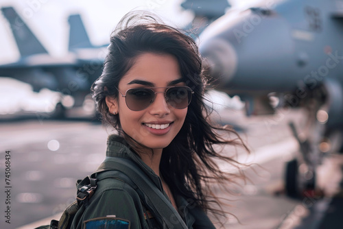 Indian woman wearing air force uniform in the combat aircraft carrier