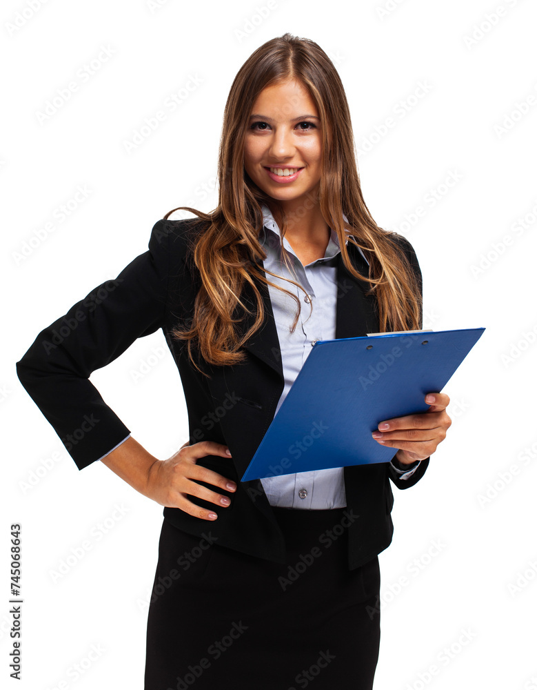 Professional young woman smiling and holding a clipboard, isolated on white Professional young woman smiling and holding a clipboard, isolated on white
