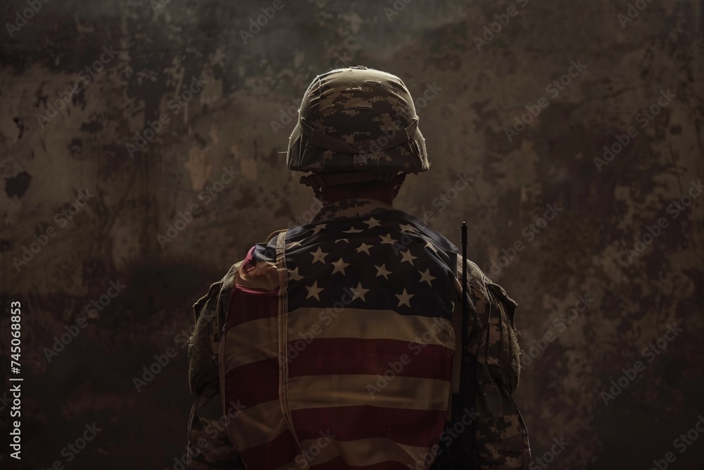 Army Soldier in Camouflage Uniform with American Flag Backpack Generative AI Army Soldier in Camouflage Uniform with American Flag Backpack Generative AI