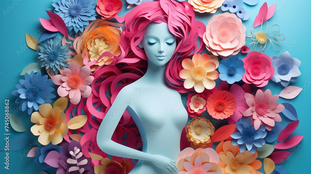 Beautiful female figure with flowers from paper origami. Generative AI
