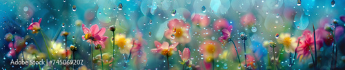 Spring flowers rain drops, abstract blurred background flowers fresh rain. flowering plants. Banner. photo