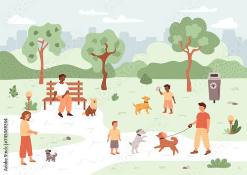 Dog park. People walking with their pets. Boy play with his puppy, domestic animal do exercise with his owner in public playground. Summer vector illustration with trees, lights, waste bin.